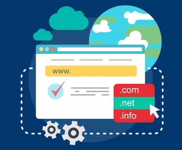 Flat illustration of a browser window with www address bar and domain extension options .com .net .info, representing Domain Authority