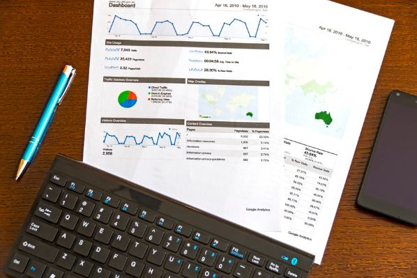 Printed analytics dashboard reports on a desk with keyboard and phone, representing Facebook Ads and AdWords ROI tracking