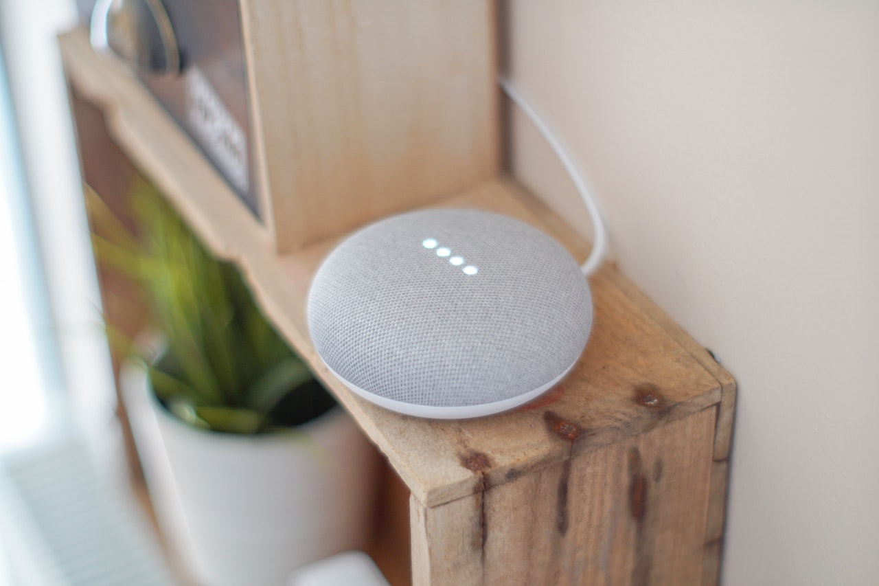 Google Home Mini smart speaker on a wooden shelf next to a potted plant