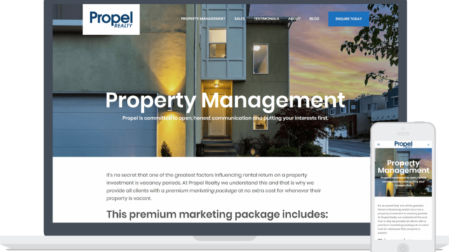 Propel Realty website displayed on laptop and mobile showing property management services homepage
