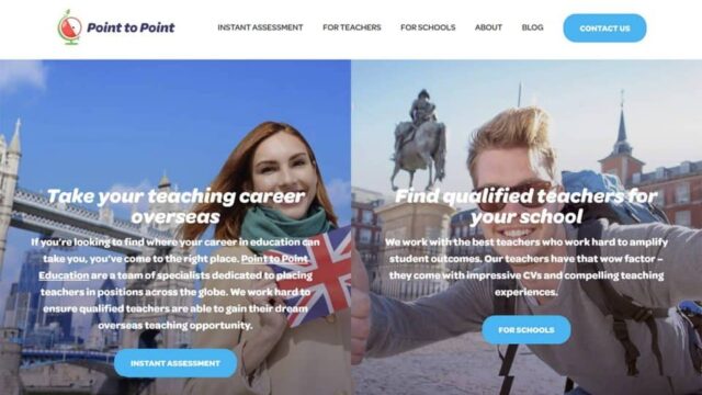 Point to Point Education website showing teacher placement services for UK and international schools