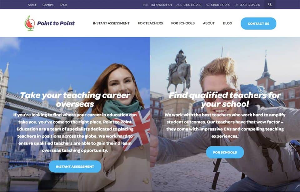 Point to Point Education website showing teacher placement services for UK and international schools