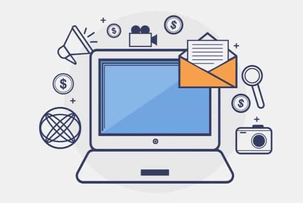 Outline illustration of a laptop with an envelope, megaphone, camera, and dollar coin icons representing digital marketing channels