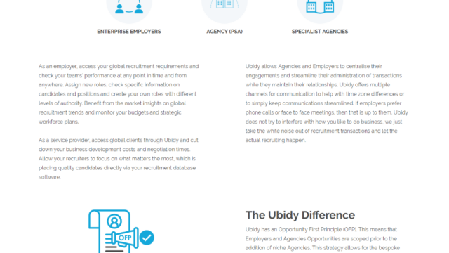 Ubidy global recruitment platform webpage showing features for enterprise employers, agencies and specialist agencies
